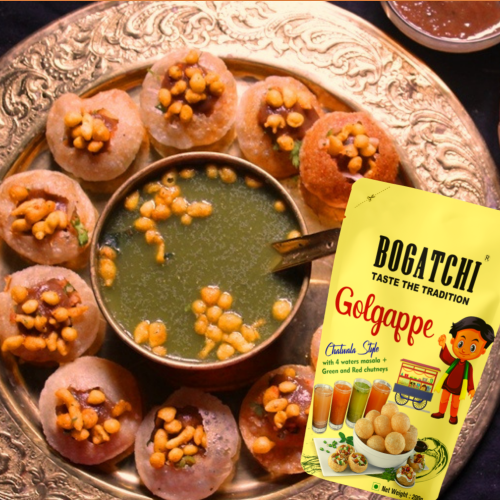 BOGATCHI Ready to Fry Atta Golgappe-Puchka- Panipuri with 4 Waters Masala and Green & Red Chutneys | Pani Puri Pappad | Golgappe Packet ReadyMade | Home Made Fiber Rich Golgappa Complete Combo, 200g